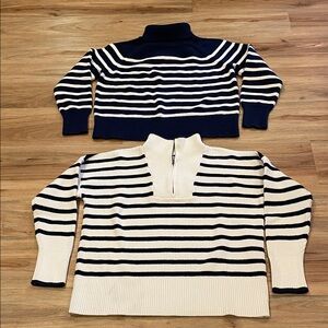 Lands' End Navy and Cream/White Women's Turtleneck/Zip Sweaters,100% Cotton